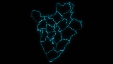 Siyah arkaplanda parlayan illerle Burundi 'nin soyut haritası