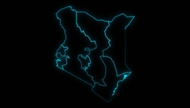 Kenya 'nın özet haritası, siyah arkaplanda parlayan vilayetler.