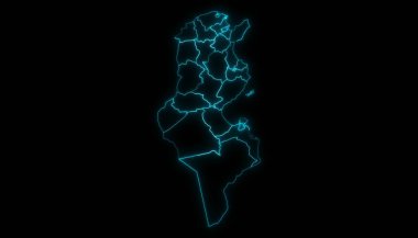 Tunus 'un soyut harita anahatları ve valilerin siyah arka planda parlayan ana hatları