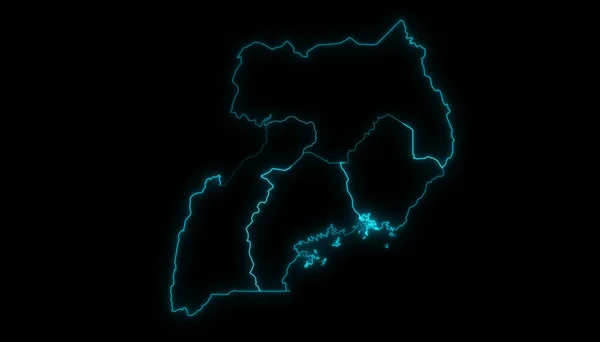 Abstrakt Mapa Obrysu Ugandy Regiony Zářící Obrys Černém Pozadí — Stock fotografie