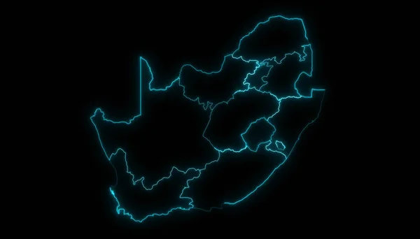 Abstraktní Mapa Obrysu Jižní Afriky Provinciemi Zářící Obrys Černém Pozadí — Stock fotografie