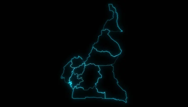Abstraktní Mapa Obrysu Kamerunu Regiony Zářící Obrys Černém Pozadí — Stock fotografie
