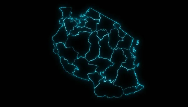 Абстрактна Карта Танзанії Регіонами Світяться Контури Чорному Тлі — стокове фото