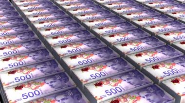 İsrail 'in 3D Görünümü 50 Yeni Şekel Banknotlar Beyaz Arkaplanda Para Yığını