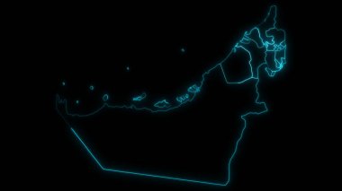 Birleşik Arap Emirlikleri 'nin soyut haritası. Emirlikler siyah arka planda parlıyor.