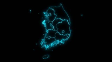 Güney Kore 'nin soyut haritası. Siyah arka planda parlayan vilayetler.