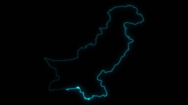 Pakistan 'ın siyah arka planda parlayan ana hatlarının soyut haritası