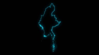 Siyah arkaplanda parlayan Myanmar ana hatlarının soyut haritası