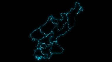 Kuzey Kore 'nin soyut haritası. Siyah arka planda parlayan vilayetler.