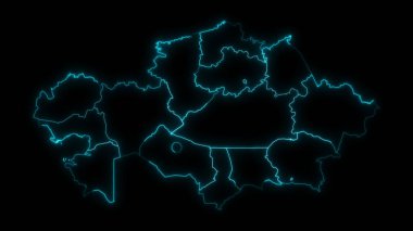 Siyah arkaplanda parlayan bölgelerle birlikte Kazakistan 'ın soyut harita anahatları
