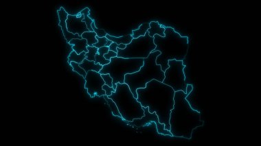 İran 'ın soyut haritası, siyah arka planda parlayan vilayetler.