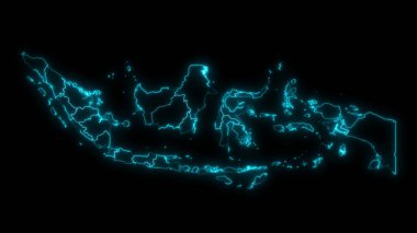 Endonezya 'nın soyut harita ana hatları siyah arkaplanda parlayan vilayetler