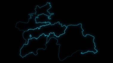 Siyah arka planda parlayan bölgelerle Tacikistan 'ın soyut harita anahatları