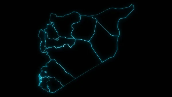 Abstract map outline of Syria with Governorates glowing outline in black background