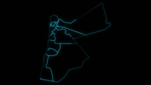 Esquema Abstracto Del Mapa Jordania Con Gobernaciones Resplandecientes Fondo Negro — Foto de Stock
