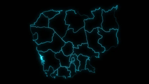 Abstraktní Mapa Obrysu Kambodže Provinciemi Zářící Obrys Černém Pozadí — Stock fotografie