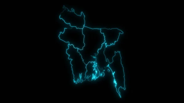 Abstract map outline of Bangladesh with Divisions glowing outline in black background