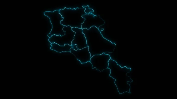 Abstraktní Mapa Obrysu Arménie Provinciemi Zářící Obrys Černém Pozadí — Stock fotografie