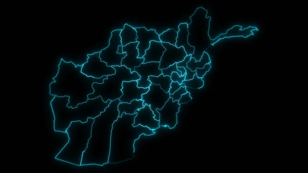 Abstraktní Mapa Obrysu Afghánistánu Provinciemi Zářící Obrys Černém Pozadí — Stock fotografie
