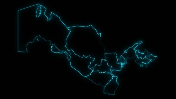 Abstract map outline of Uzbekistan with Regions glowing outline in black background