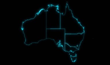 Avustralya 'nın soyut haritası, siyah arka planda parlayan bölgeleri ve eyaletleri olan bölgeler.