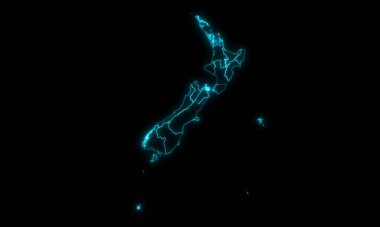 Yeni Zelanda 'nın siyah arka planda parlayan bölgeleri olan soyut haritası ana hatları