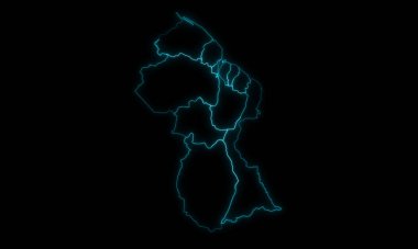 Siyah arka planda parlayan bölgelerle Guyana 'nın soyut haritası ana hatları