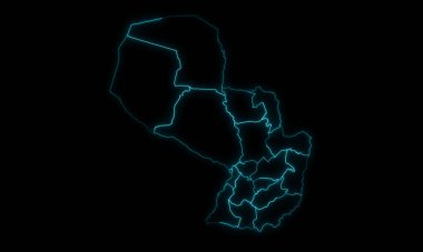 Paraguay 'ın soyut haritası. Bölgeleri siyah arkaplanda parlayan bölümler.