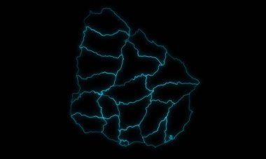 Uruguay 'ın soyut haritası, siyah arka planda parlayan bölgeleri olan bölümler.