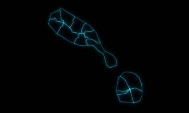 Saint Kitts ve Nevis 'in soyut haritası. Bölgeleri siyah arka planda parlayan bölgeler.