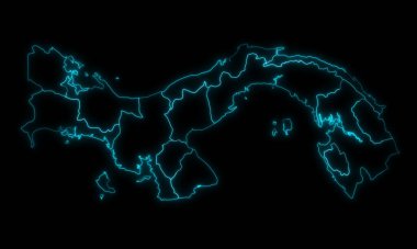 Siyah arka planda parlayan bölgeler ile Panama 'nın soyut haritası ana hatları