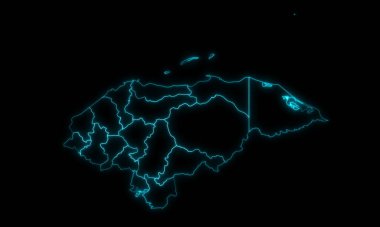 Honduras 'ın soyut haritası siyah arka planda parlayan bölgeleri olan bölümlerinin ana hatları