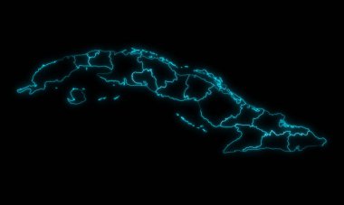 Siyah arkaplanda parlayan bölgelerle Küba 'nın soyut haritası.