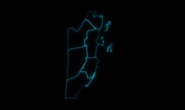 Siyah arkaplanda parlayan bölgelerle birlikte Belize 'nin soyut haritası ana hatları