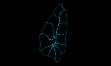 Saint Lucia 'nın soyut haritası. Çeyreklikleri ve siyah arka planda parlayan bölgeleri var.