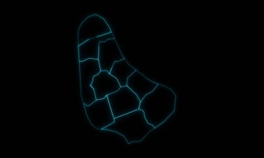 Siyah arka planda parlayan bölgeleri olan Barbados 'un soyut haritası