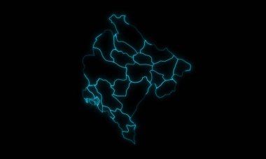 Karadağ 'ın soyut haritasının ana hatları siyah arka planda parlayan belediyelerle birlikte