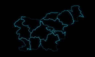 Siyah arkaplanda parlayan istatistiksel bölgelerle Slovenya 'nın soyut harita anahatları
