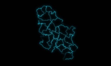 Sırbistan 'ın soyut haritasının ana hatları siyah arka planda parlayan dağıtımlarla çizilmiş