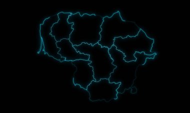 Litvanya 'nın soyut harita anahatları ve siyah arkaplanda parlayan ülkeler