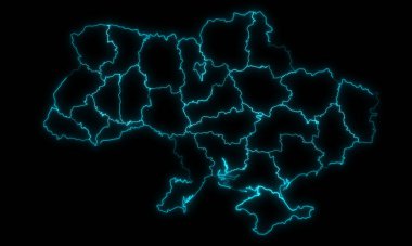 Siyah arkaplanda parlayan bölgelerle birlikte Ukrayna 'nın soyut harita anahatları