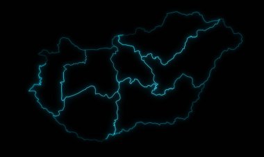 Macaristan 'ın soyut haritasının ana hatları siyah arka planda parlayan bölgeler.