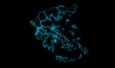 Yunanistan 'ın soyut harita özeti ve siyah arka planda parlayan bölgeler