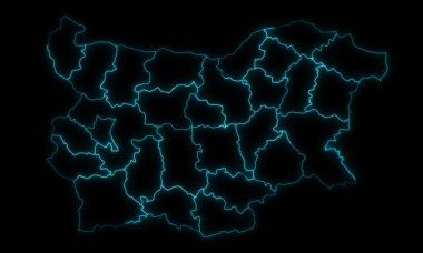 Bulgaristan 'ın soyut harita özeti ve siyah arka planda parlayan illeri