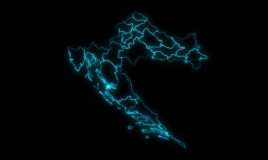 Hırvatistan 'ın soyut harita özeti ve siyah arka planda parlayan Ülkeler