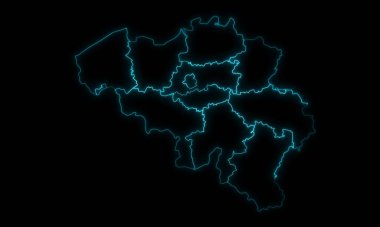 Belçika 'nın soyut harita ana hatları siyah arkaplanda parlayan vilayetler