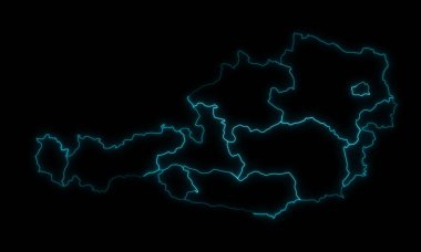 Avusturya 'nın soyut haritası, siyah arka planda parlayan devletler.