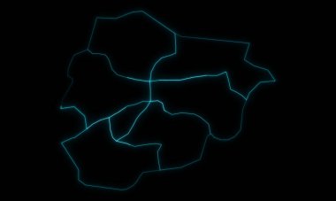 Andorra 'nın soyut haritası. Parish' ler siyah arka planda parlıyor.