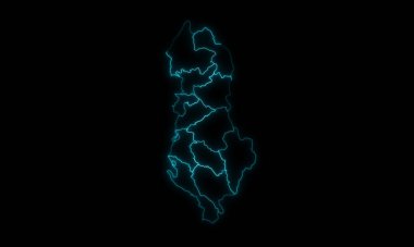 Arnavutluk 'un soyut haritasının ana hatları siyah arka planda parlayan Ülkeler