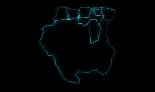 Абстрактна Карта Обриси Суринаму Районами Регіонами Світяться Контури Чорному Тлі — стокове фото